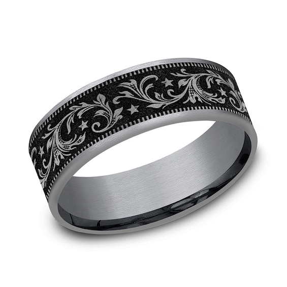 7.5mm Satin Filigree Vintage-Style Engravable Wedding Band in Tantalum and Titanium (1-2 lines)