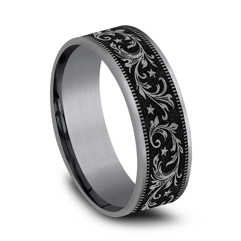 Main Image 2 of 7.5mm Satin Filigree Vintage-Style Engravable Wedding Band in Tantalum and Titanium (1-2 lines)