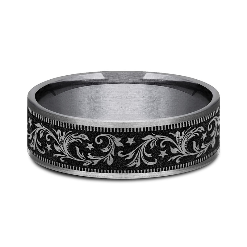 Main Image 3 of 7.5mm Satin Filigree Vintage-Style Engravable Wedding Band in Tantalum and Titanium (1-2 lines)