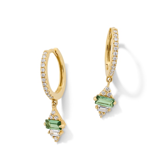 Baguette-Cut Green Tourmaline and Certified Lab-Grown Diamond Hoop Drop Earrings in Sterling Silver with Gold Plate