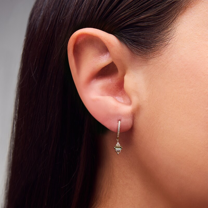 Main Image 2 of Baguette-Cut Green Tourmaline and Certified Lab-Grown Diamond Hoop Drop Earrings in Sterling Silver with Gold Plate