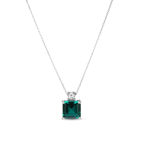 6.5mm Asscher-Cut Lab-Created Emerald and 1/15 CT. Certified Lab-Grown Diamond Pendant in Sterling Silver (I/Si2)