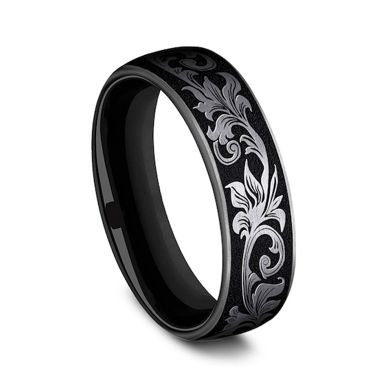 6.5mm Matte Scrollwork Engravable Wedding Band in Two-Tone Titanium (1-2 lines)