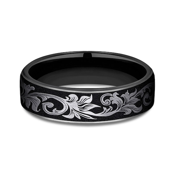 6.5mm Matte Scrollwork Engravable Wedding Band in Two-Tone Titanium (1-2 lines)