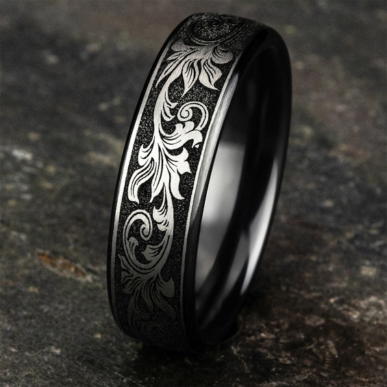 6.5mm Matte Scrollwork Engravable Wedding Band in Two-Tone Titanium (1-2 lines)