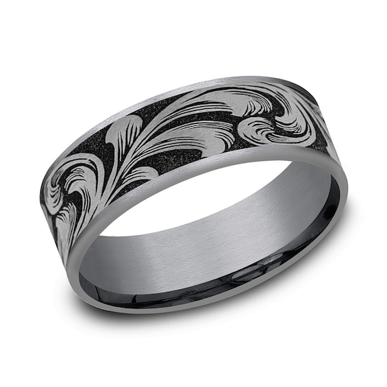 7.5mm Matte Feathered Filigree Engravable Wedding Band in Tantalum and Titanium (1-2 lines)