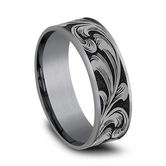 7.5mm Matte Feathered Filigree Engravable Wedding Band in Tantalum and Titanium (1-2 lines)