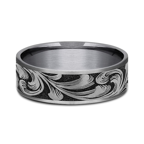 7.5mm Matte Feathered Filigree Engravable Wedding Band in Tantalum and Titanium (1-2 lines)