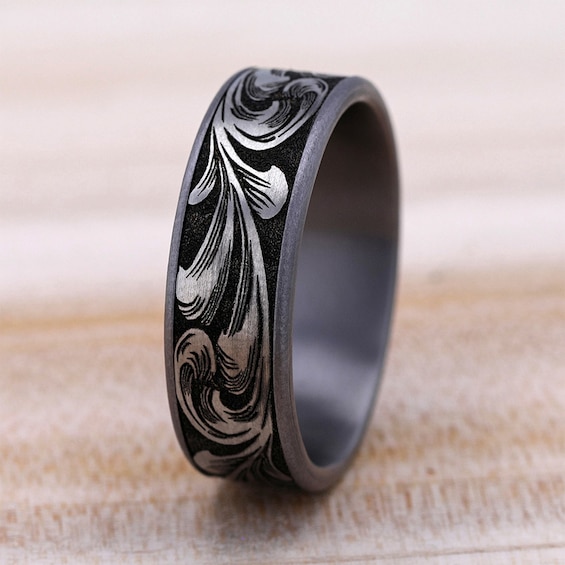 7.5mm Matte Feathered Filigree Engravable Wedding Band in Tantalum and Titanium (1-2 lines)