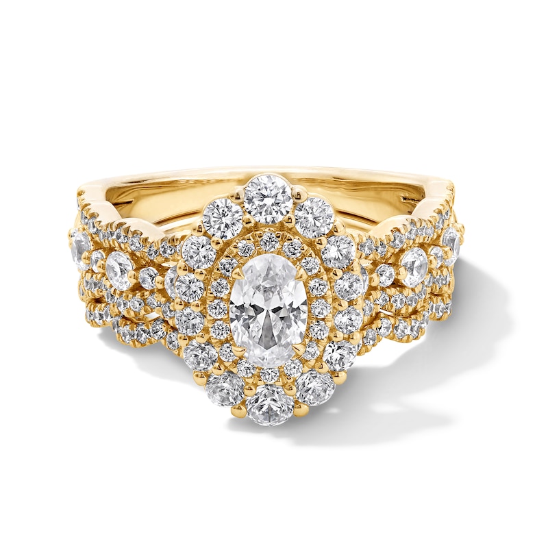 Main Image 1 of Vera Wang Love Collection 1-1/2 CT. T.W. Oval Diamond Double Frame Scallop Shank Bridal Set in 14K Gold