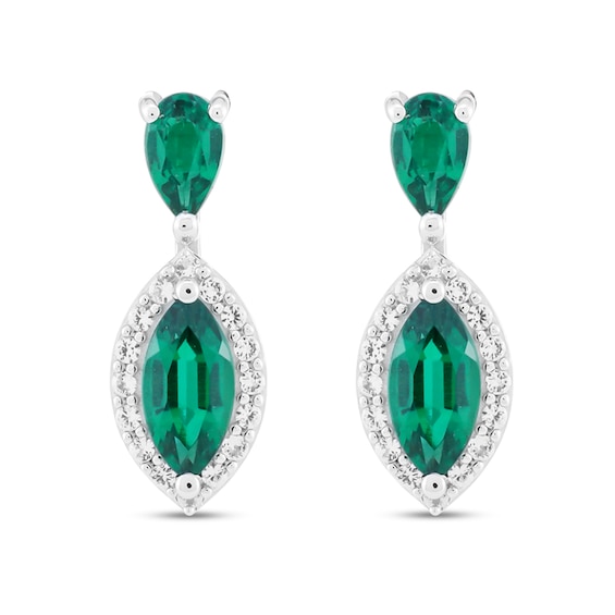 Pear-Shaped and Marquise-Cut Lab-Created Emerald with White Lab-Created Sapphire Drop Earrings in Sterling Silver