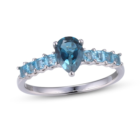 Pear-Shaped London Blue Topaz and Princess-Cut Swiss Blue Topaz Ring in 10K White Gold