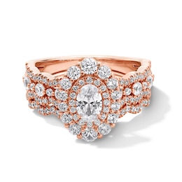 Vera Wang Love Collection 1-1/2 CT. T.W. Oval Diamond Double Frame Scallop Shank Bridal Set in 14K Rose Gold