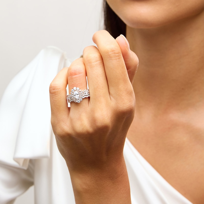 Main Image 2 of Vera Wang Love Collection 1-1/2 CT. T.W. Oval Diamond Double Frame Scallop Shank Bridal Set in 14K Rose Gold
