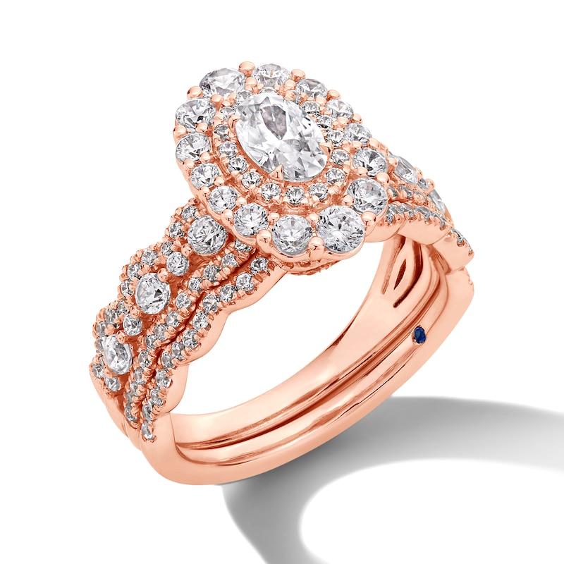 Main Image 3 of Vera Wang Love Collection 1-1/2 CT. T.W. Oval Diamond Double Frame Scallop Shank Bridal Set in 14K Rose Gold