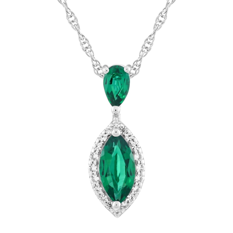 Main Image 1 of Pear-Shaped and Marquise-Cut Lab-Created Emerald with White Lab-Created Sapphire Drop Pendant in Sterling Silver