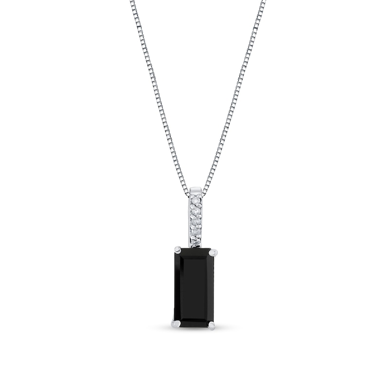 Main Image 1 of Emerald-Cut Onyx and 1/20 CT. T.W. Diamond Drop Pendant in Sterling Silver