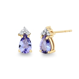 Pear-Shaped Tanzanite and 1/20 CT. T.W. Diamond Tri-Top Stud Earrings in 10K Gold