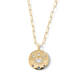 Multi-Shape Blue and White Sapphire Sunburst and Star Medallion Pendant in Sterling Silver with 18K Gold Plate