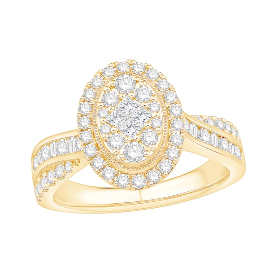1 CT. T.w. Princess, Baguette and Round-Cut Diamond Oval Frame Engagement Ring in 14K Gold