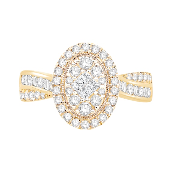 1 CT. T.w. Princess, Baguette and Round-Cut Diamond Oval Frame Engagement Ring in 14K Gold