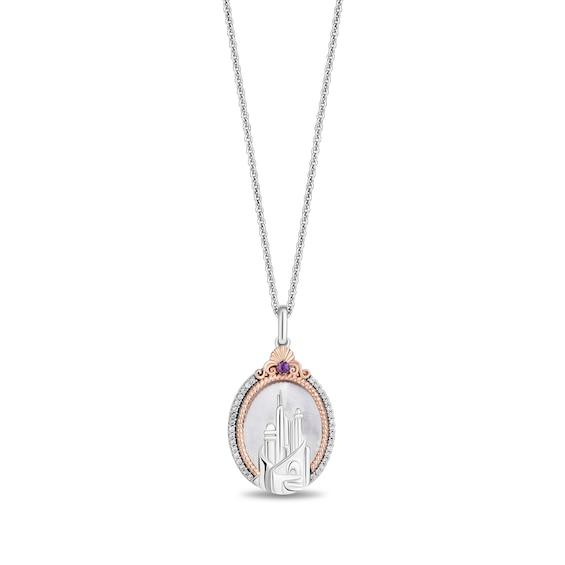 Enchanted Disney Ariel Oval Mother-of-Pearl, Amethyst and Diamond Castle Pendant in Sterling Silver and 10K Rose Gold