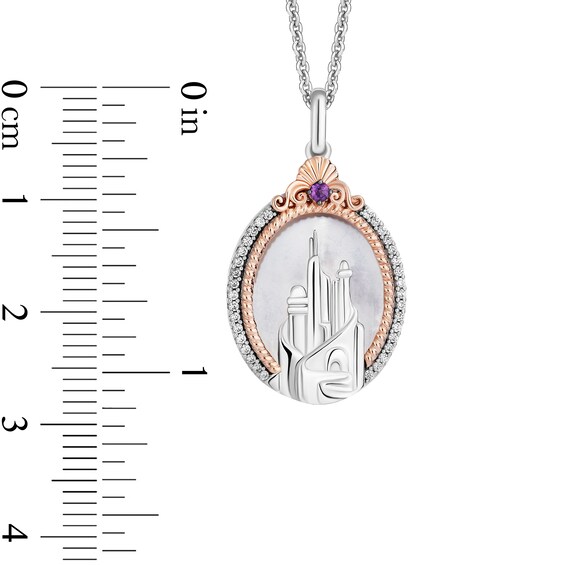 Enchanted Disney Ariel Oval Mother-of-Pearl, Amethyst and Diamond Castle Pendant in Sterling Silver and 10K Rose Gold