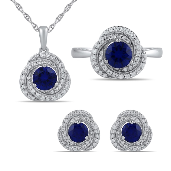 Blue and White Lab-Created Sapphire Swirl Pendant, Ring and Stud Earrings Set in Sterling Silver - Size 7