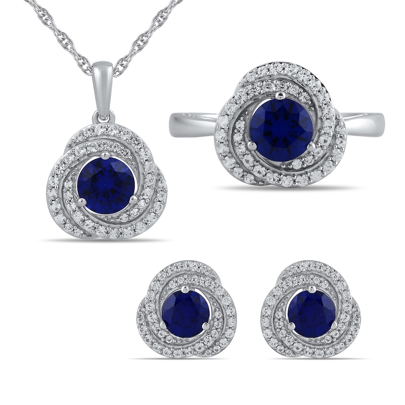 Main Image 1 of Blue and White Lab-Created Sapphire Swirl Pendant, Ring and Stud Earrings Set in Sterling Silver - Size 7