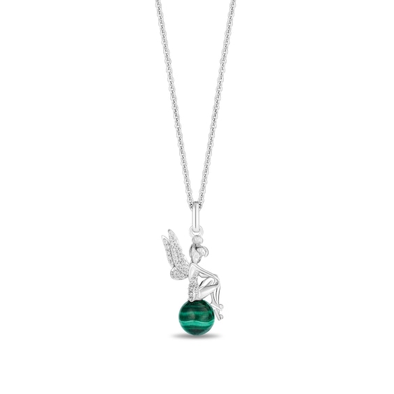 Enchanted Disney Tinker Bell Malachite and 1/10 CT. T.w. Diamond Pendant in Sterling Silver - 19"