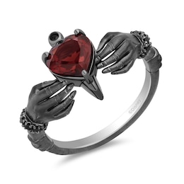 Enchanted Disney Villains Evil Queen Heart-Shaped Garnet and 1/10 CT. T.W. Diamond Hands Ring in Black Sterling Silver