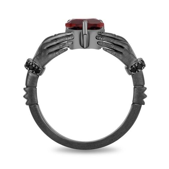 Enchanted Disney Villains Evil Queen Heart-Shaped Garnet and 1/10 CT. T.w. Diamond Hands Ring in Black Sterling Silver