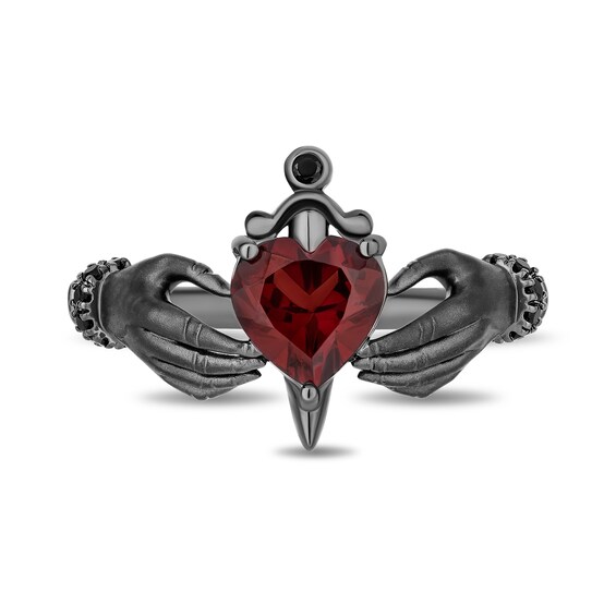 Enchanted Disney Villains Evil Queen Heart-Shaped Garnet and 1/10 CT. T.w. Diamond Hands Ring in Black Sterling Silver