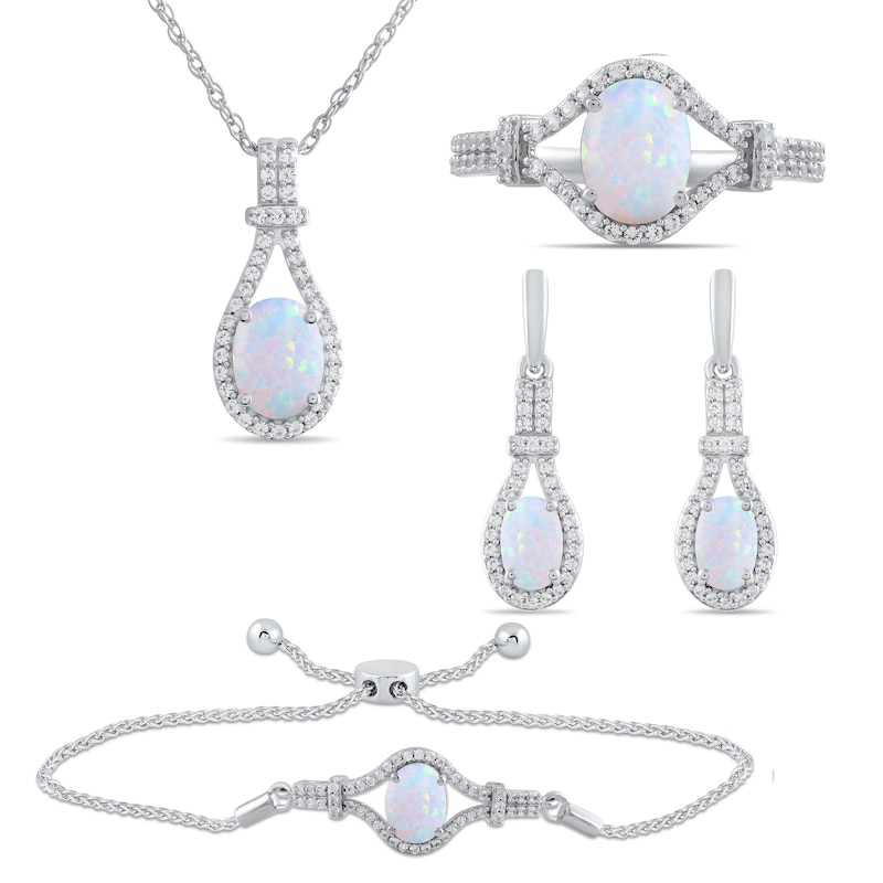 Sterling Silver Created Oval Opal Pendant & Earrings Set Sterling Silver Created Oval Opal Pendant & Earrings Set