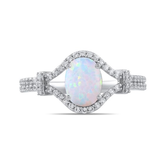 Oval Lab-Created Opal and White Lab-Created Sapphire Pendant, Ring, Earrings and Bolo Bracelet Set in Sterling Silver