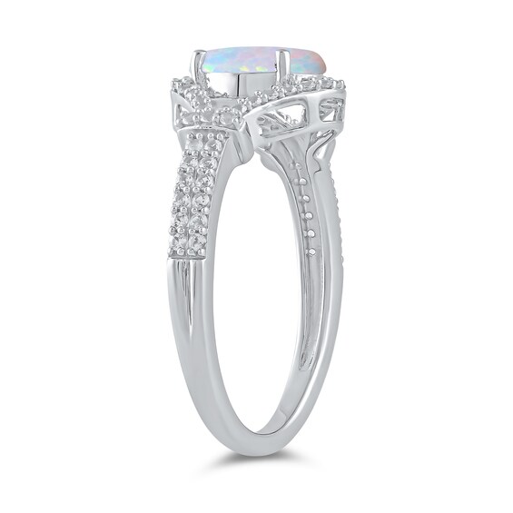 Oval Lab-Created Opal and White Lab-Created Sapphire Pendant, Ring, Earrings and Bolo Bracelet Set in Sterling Silver