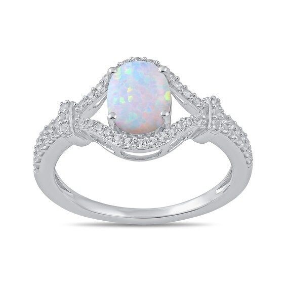Oval Lab-Created Opal and White Lab-Created Sapphire Pendant, Ring, Earrings and Bolo Bracelet Set in Sterling Silver