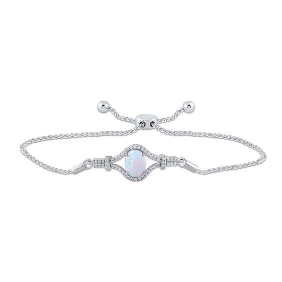 Oval Lab-Created Opal and White Lab-Created Sapphire Pendant, Ring, Earrings and Bolo Bracelet Set in Sterling Silver