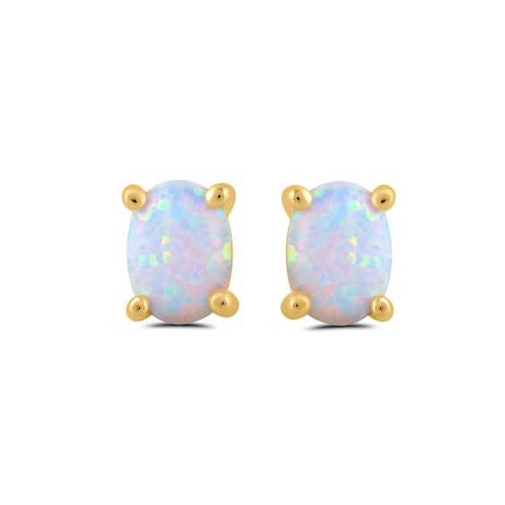 Oval Lab-Created Opal Solitaire Stud Earrings in Sterling Silver with 24K Gold Vermeil