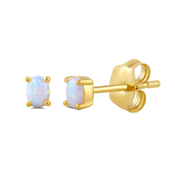 Oval Lab-Created Opal Solitaire Stud Earrings in Sterling Silver with 24K Gold Vermeil