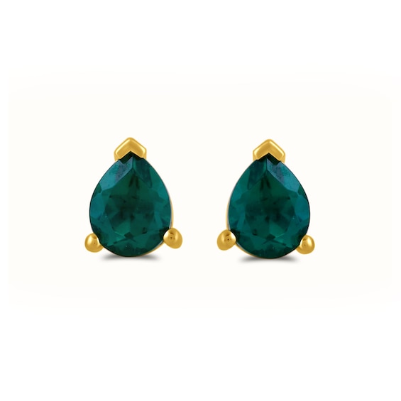 Pear-Shaped Lab-Created Emerald Solitaire Stud Earrings in Sterling Silver with 24K Gold Vermeil