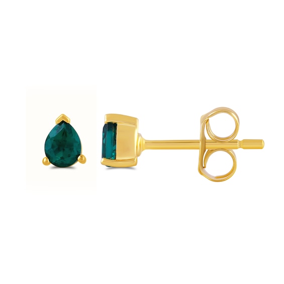 Pear-Shaped Lab-Created Emerald Solitaire Stud Earrings in Sterling Silver with 24K Gold Vermeil