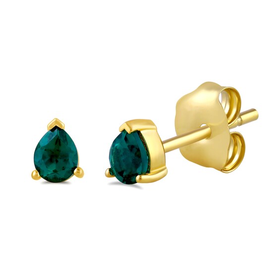 Pear-Shaped Lab-Created Emerald Solitaire Stud Earrings in Sterling Silver with 24K Gold Vermeil