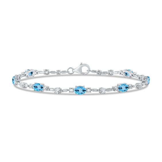 Oval Swiss Blue Topaz and White Lab-Created Sapphire Alternating Link Bracelet in Sterling Silver - 7.25â