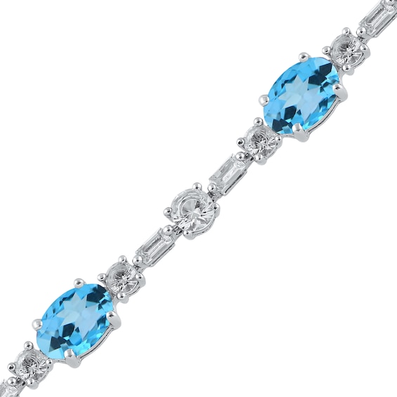 Oval Swiss Blue Topaz and White Lab-Created Sapphire Alternating Link Bracelet in Sterling Silver - 7.25â