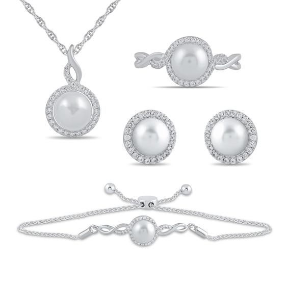 Freshwater Cultured Pearl and White Lab-Created Sapphire Pendant, Ring, Earrings and Bracelet Set in Sterling Silver