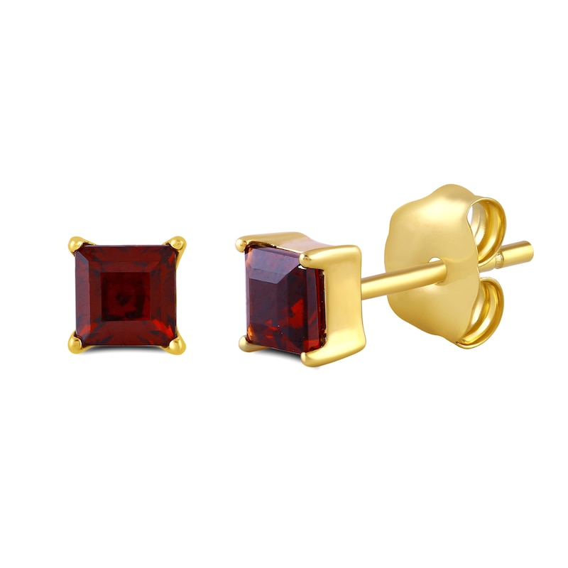 Main Image 3 of 4.0mm Princess-Cut Garnet Solitaire Stud Earrings in Sterling Silver with 24K Gold Vermeil