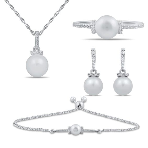Freshwater Cultured Pearl and White Lab-Created Sapphire Pendant, Ring, Earrings and Bracelet Set in Sterling Silver