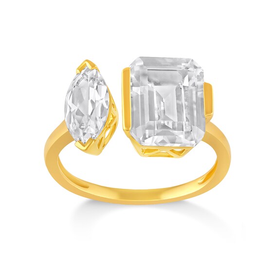 Marquise- and Emerald-Cut White Sapphire Toi et Moi Fashion Ring in Sterling Silver with 14K Gold Plate