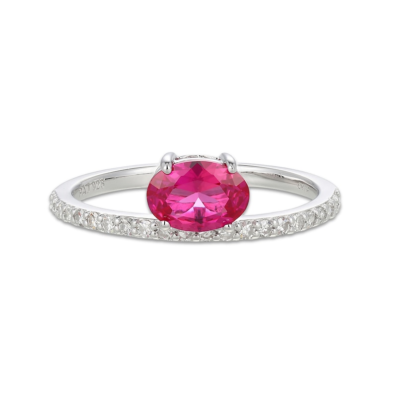 Main Image 1 of Oval Lab-Created Ruby and 1/5 CT. T.W. Certified Lab-Grown Diamond Ring in Sterling Silver (I/SI2)